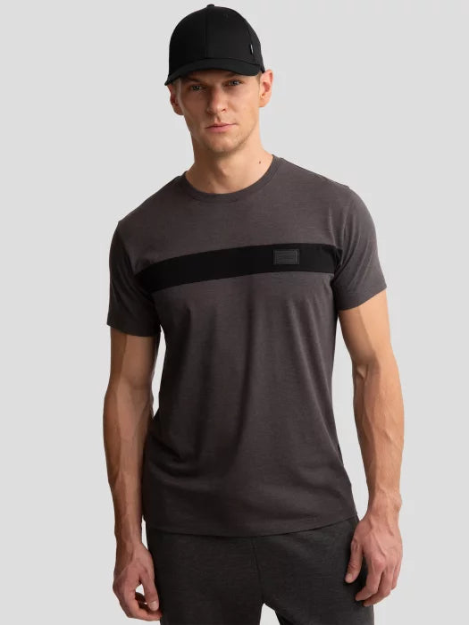 T-Shirt with Horizontal Stripe and Subtle Logo Patch | Dark Grey