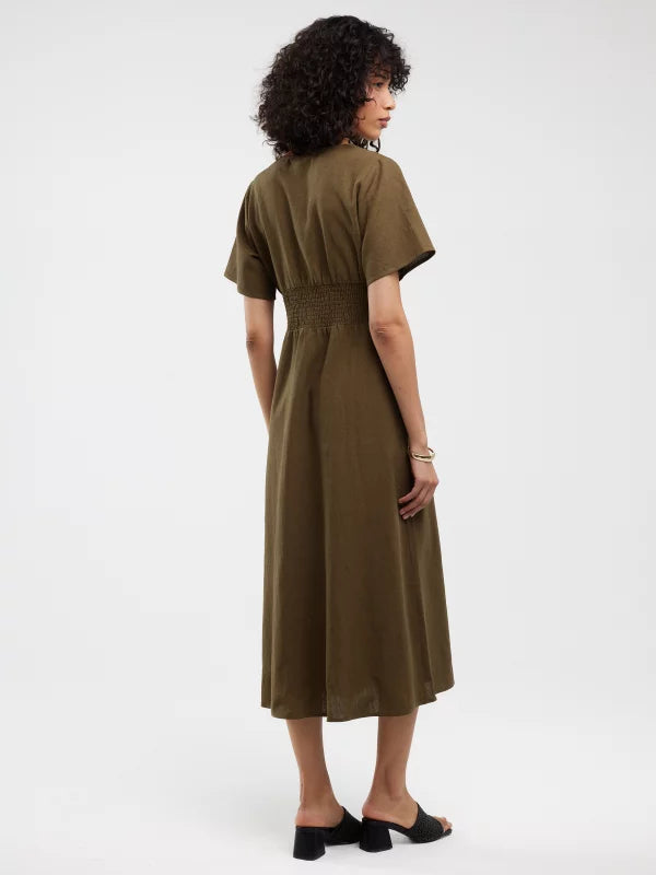 Linen Midi Dress | Khaki