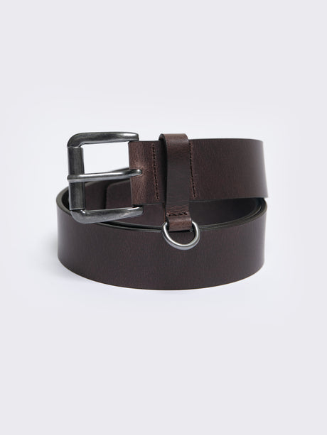 Leather Belt with Silver Buckle and Ring Detail | Dark Brown