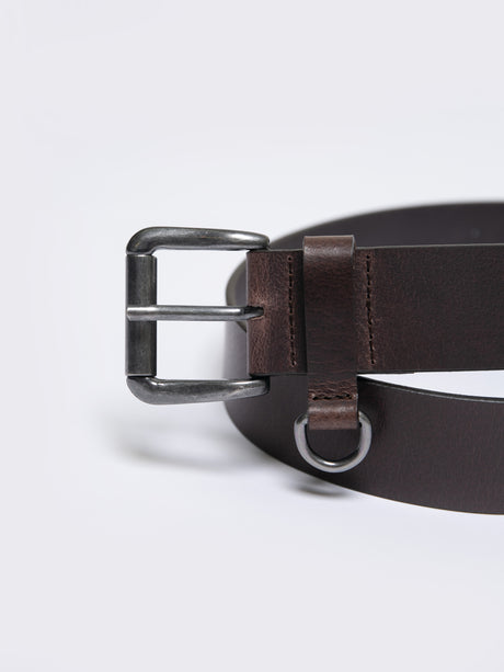 Leather Belt with Silver Buckle and Ring Detail | Dark Brown