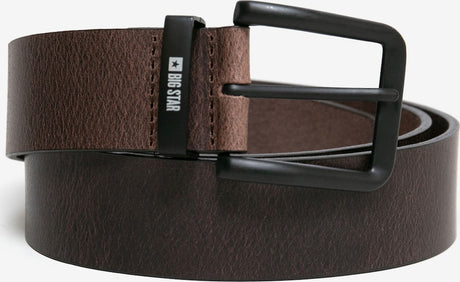 Leather Belt with Big Star Logo and Matte Black Buckle | Dark Brown