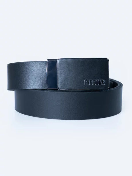 Black Leather Belt with Big Star Logo and Sleek Plate Buckle | Black