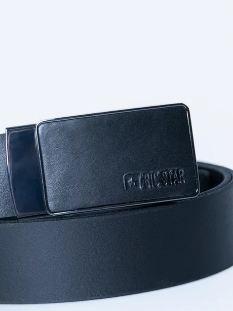 Black Leather Belt with Big Star Logo and Sleek Plate Buckle | Black