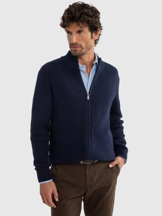 Textured Knit Zip Sweater | Navy