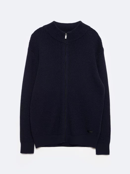 Textured Knit Zip Sweater | Navy