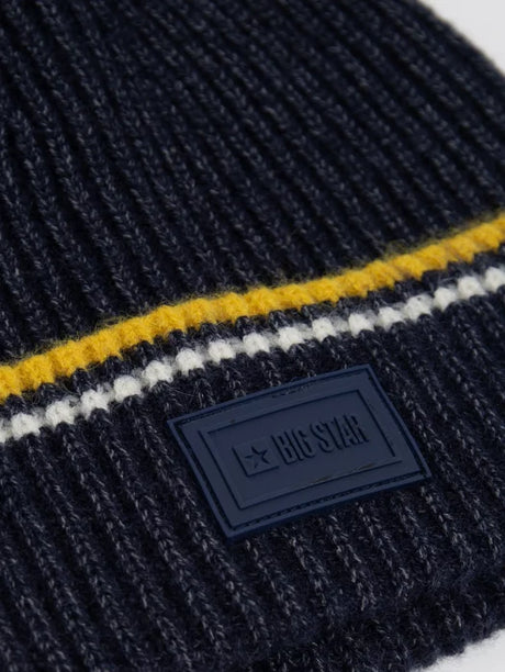 Knitted Beanie Hat with Striped Design | Navy