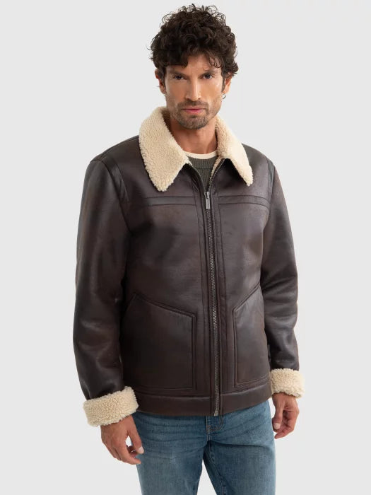 Faux Leather Jacket with Shearling Collar | Brown