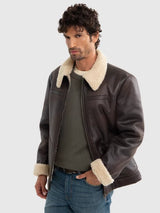 Faux Leather Jacket with Shearling Collar | Brown