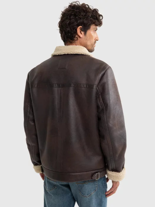 Faux Leather Jacket with Shearling Collar | Brown