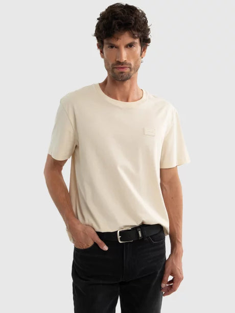 Casual T-Shirt with Minimalist Logo Patch | Beige