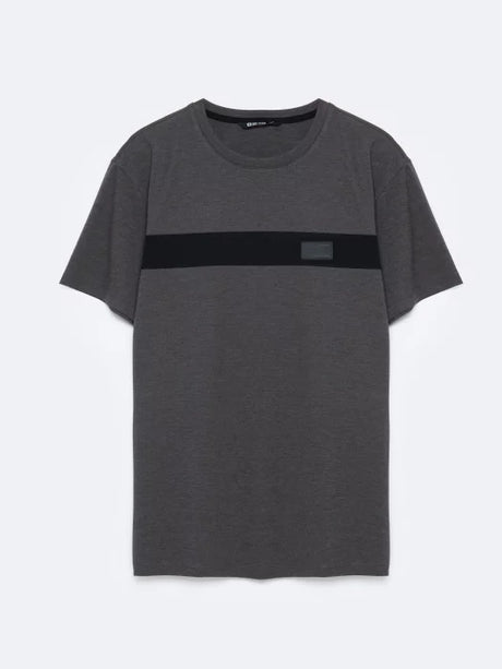 T-Shirt with Horizontal Stripe and Subtle Logo Patch | Dark Grey