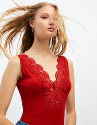 Bodysuit with Crochet Detail | Red