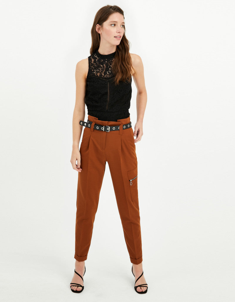 High Waist Tapered Trousers with Belt | Brown