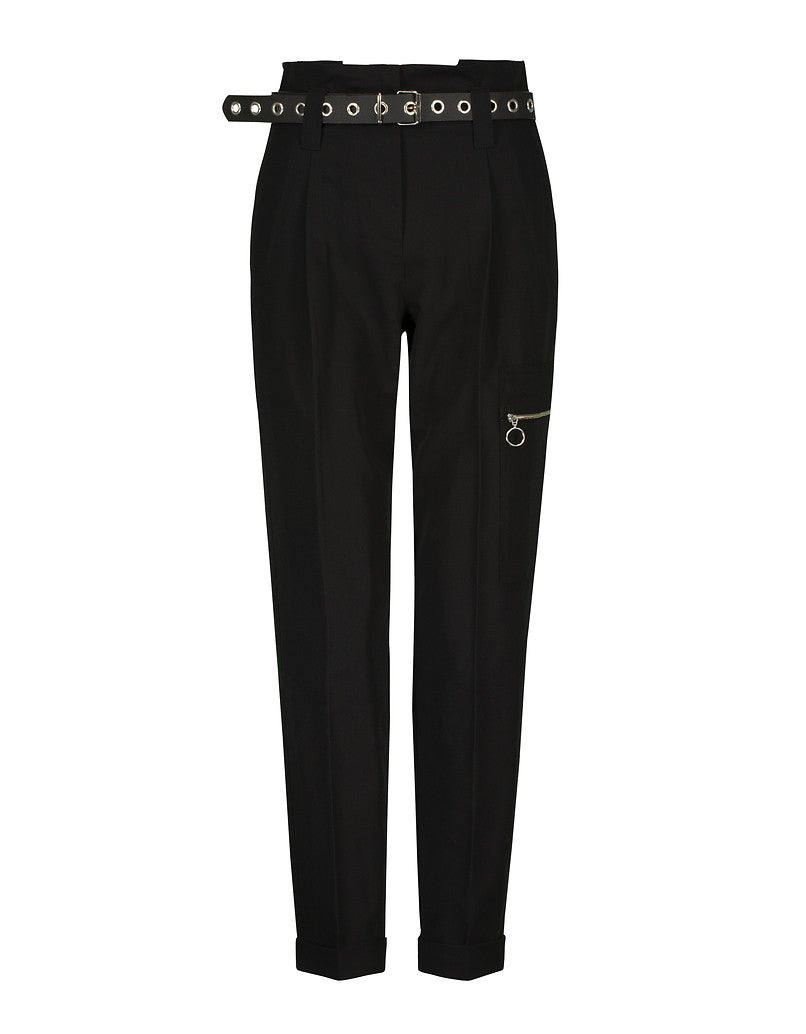 High Waist Tapered Trousers with Belt | Black