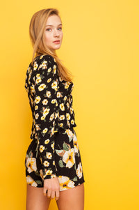 Bolero Crop Shirt | Black - Floral Print 