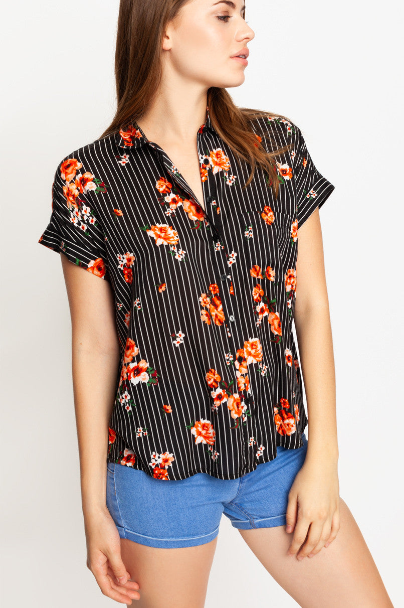 Short Sleeves Shirt | Black-Floral Print