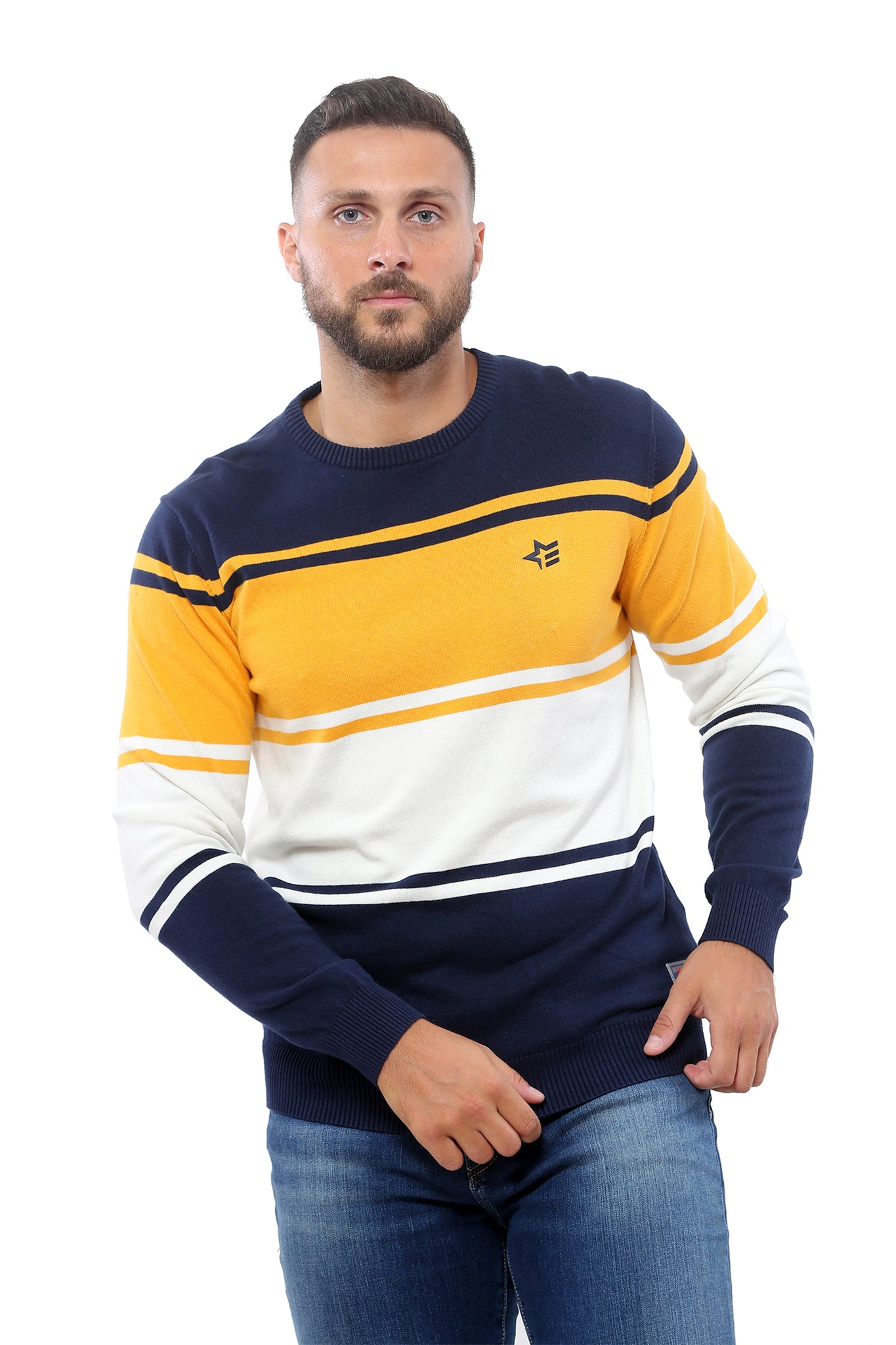 Sweater with Stripes | Dark Navy with Mustard and White