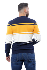 Sweater with Stripes | Dark Navy with Mustard and White