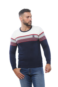 Sweater with Stripes | Dark Navy with White and Red