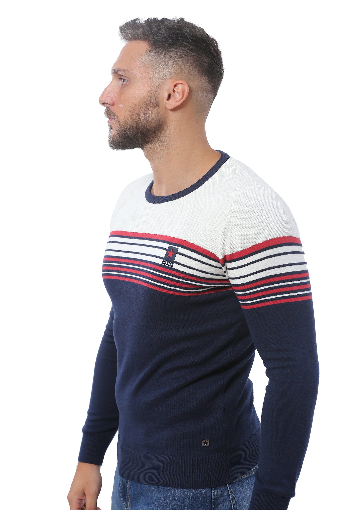 Sweater with Stripes | Dark Navy with White and Red