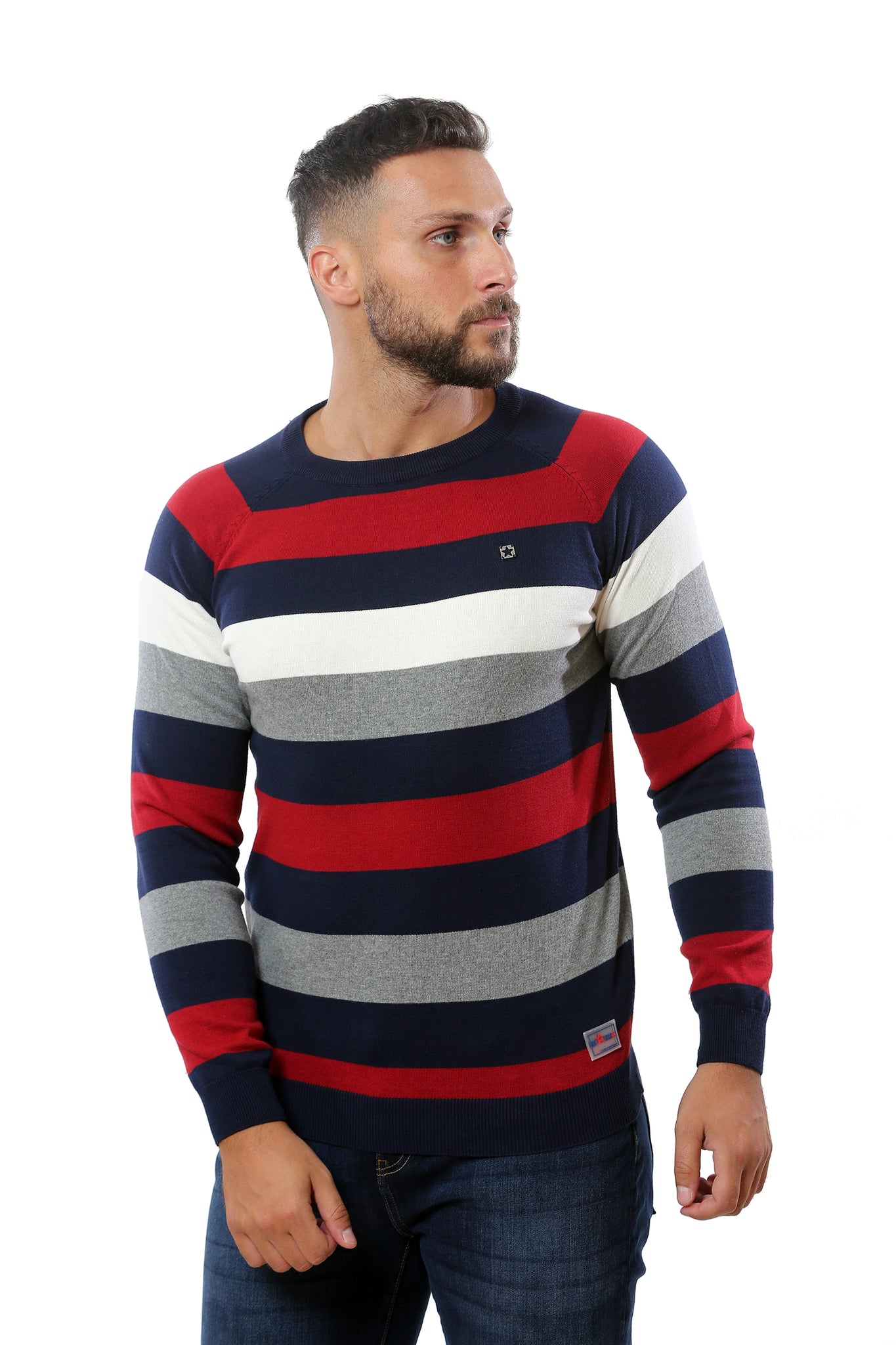 Sweater with Stripes | Navy with Red
