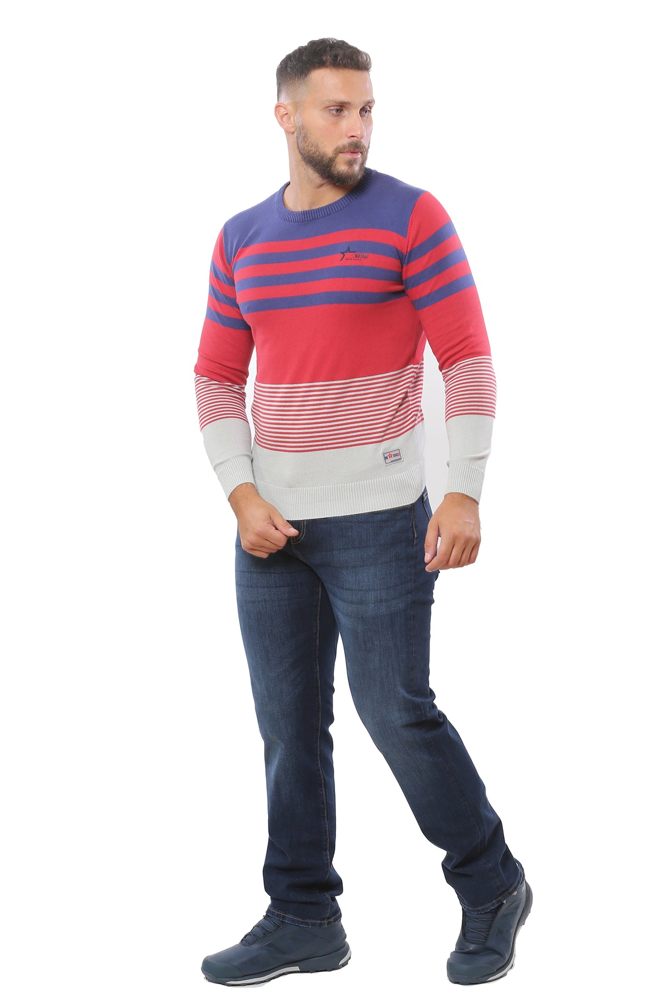 Sweater with Stripes | Red with Indigo and Heather Grey